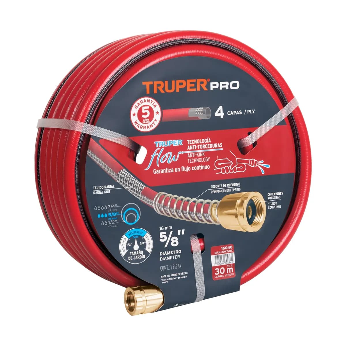 Manguera jardin TRUPER 30mtr x 5/8 roja 4 capa 16040 15kgf/cm2 man-30x5/8x