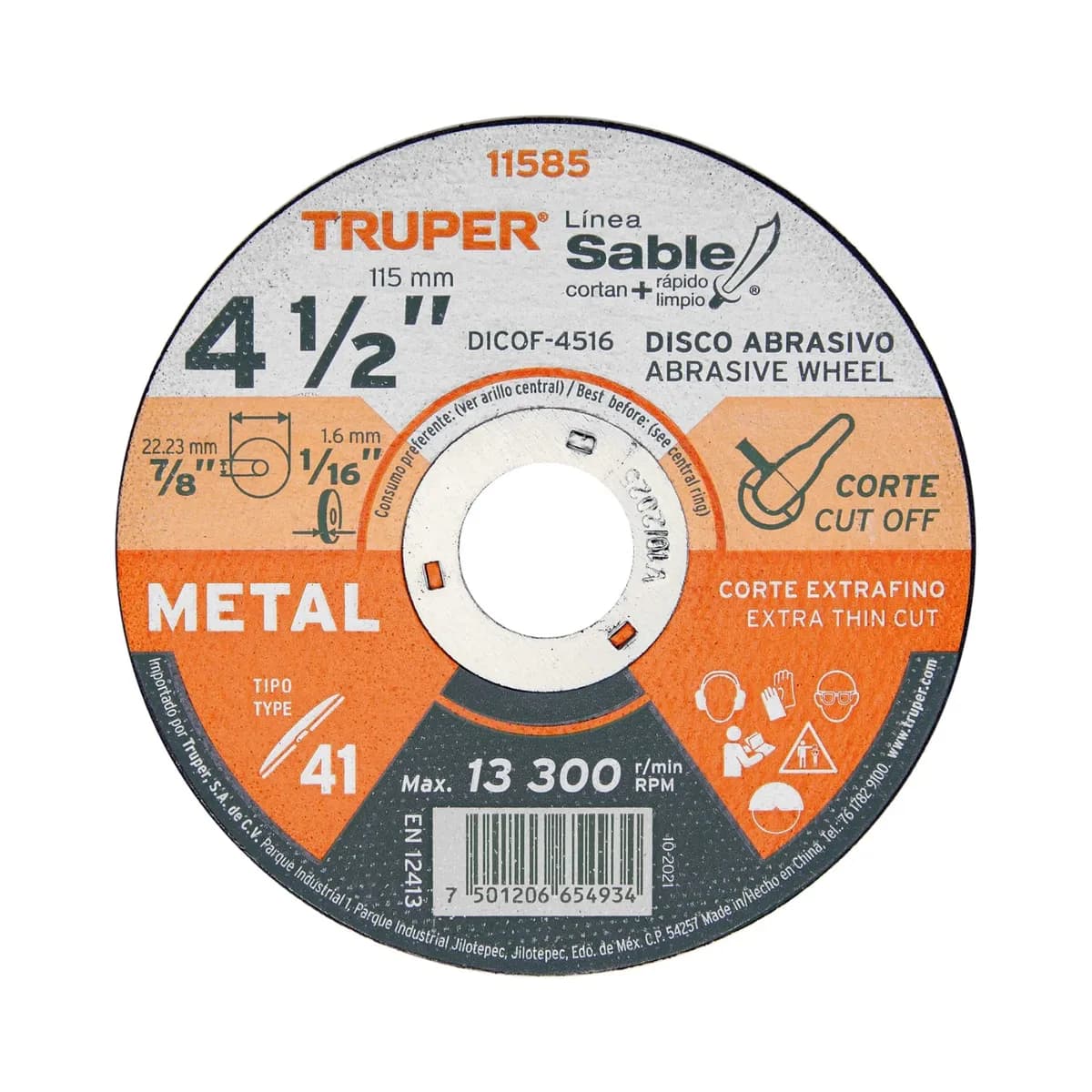 DISCO CORTE METAL 4 1/2x1/16x7/8 PLANO TRUPER DICOF-4516 11585 MAX 13200 RPM