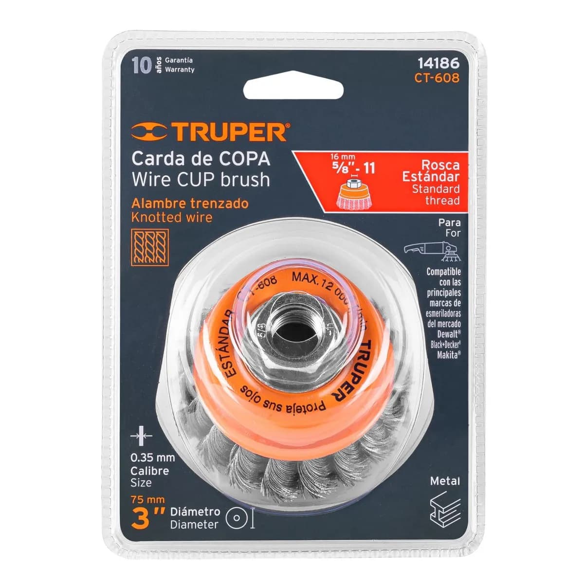 Cepillo Copa 3x5/8 Trenzado Alambre 0.35mm TRUPER p/Pulidora CT-608 14186 12000rpm