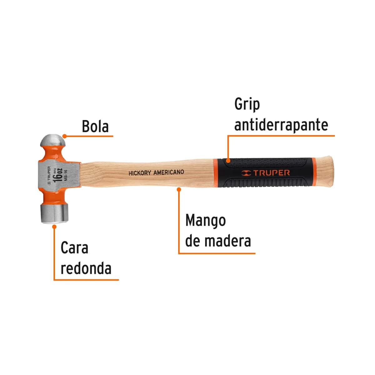 MARTILLO BOLA 16onz (1 lb) TRUPER MB-16 16902 M/Madera Hickory Americano