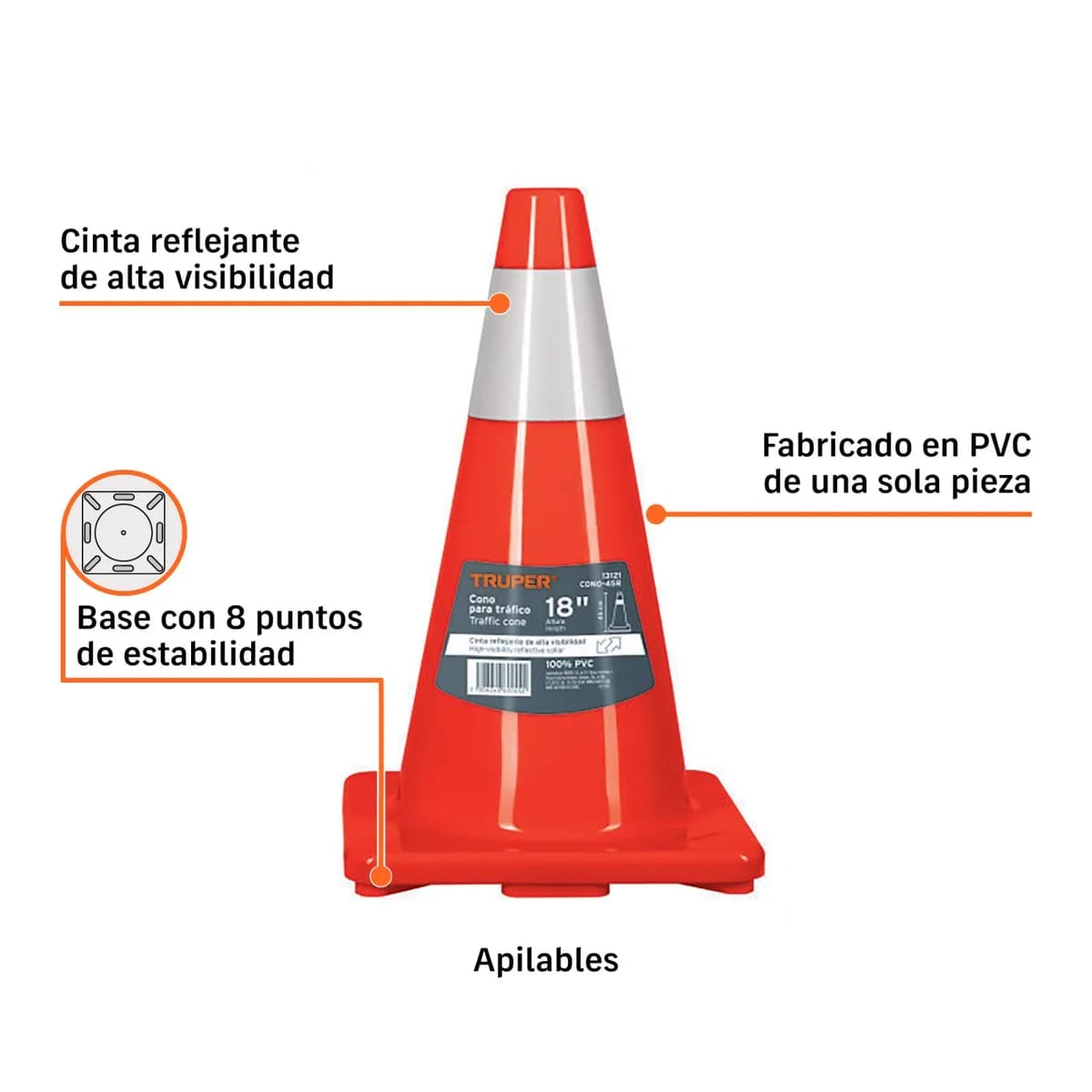 CONO TRAFICO 18 PULG 45CM REFLECTIVO TRUPER CONO-45R 13121