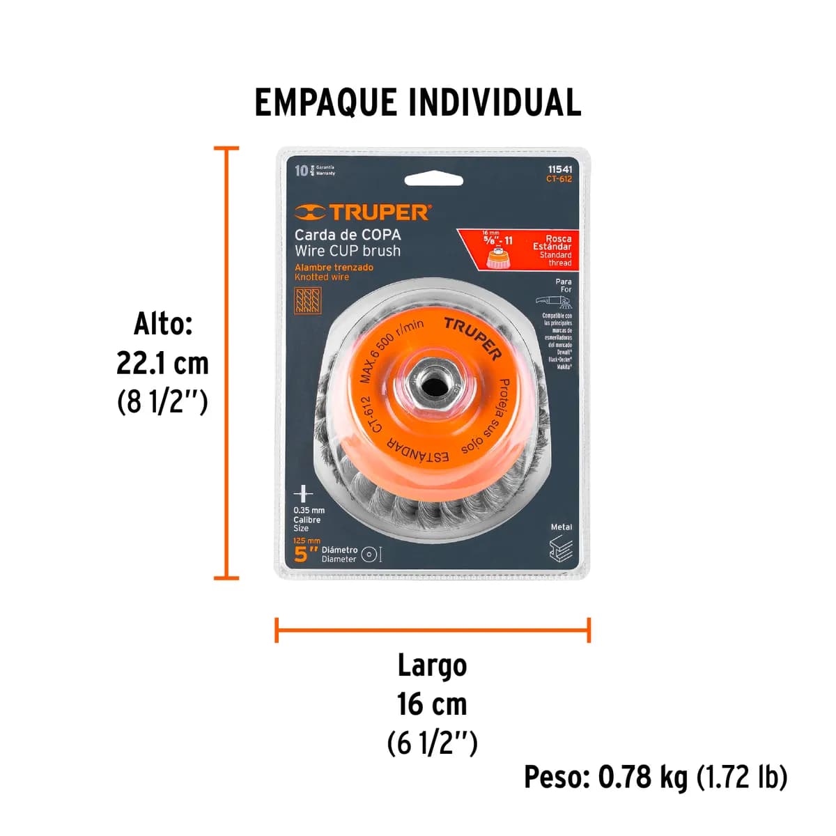Cepillo Copa 5x5/8 Trenzado alambre 0.35mm TRUPER CT-612 11541 6500rpm p/pulidora