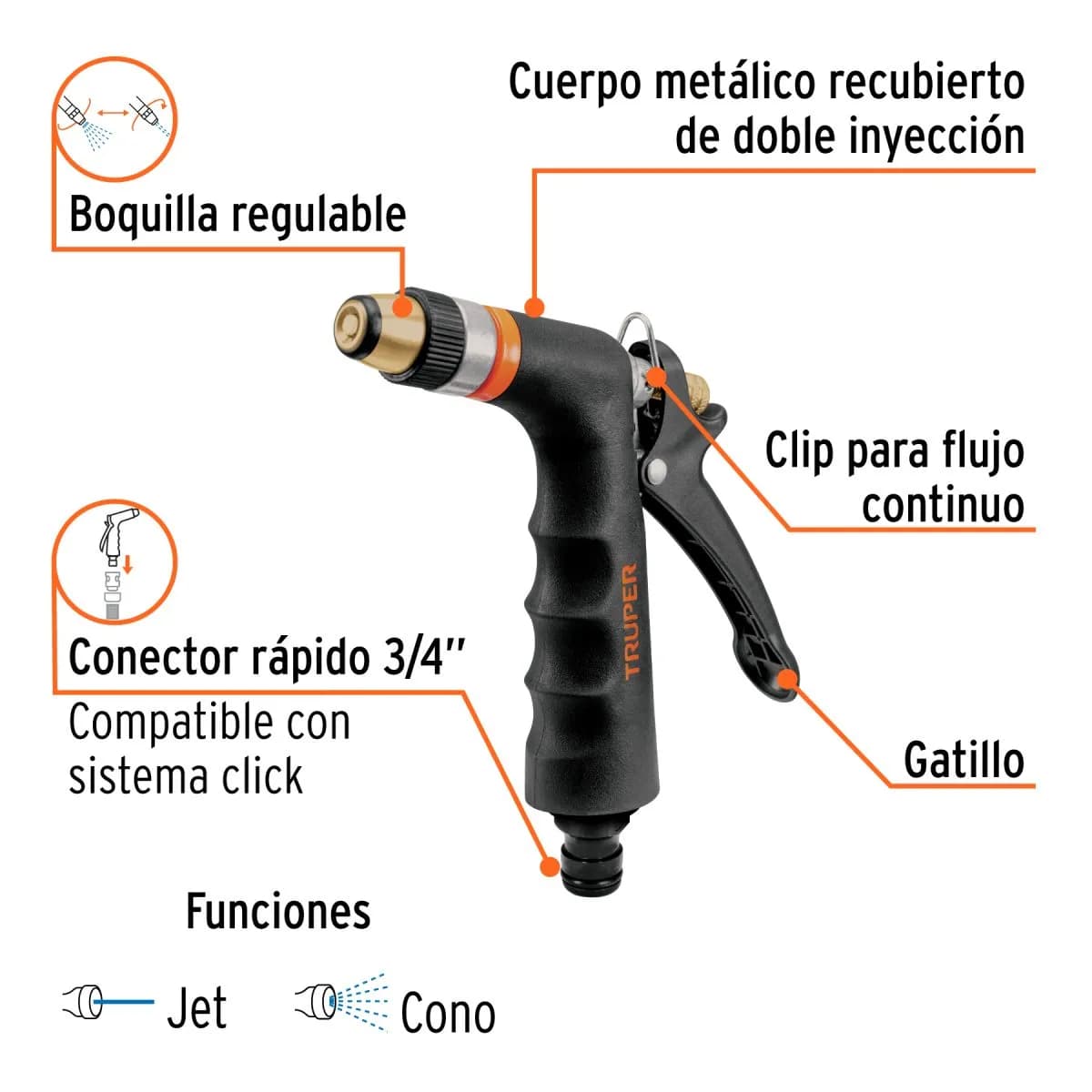 Pistola metal p/Manguera riego TRUPER PR-202 18476 c/Recubrimiento goma