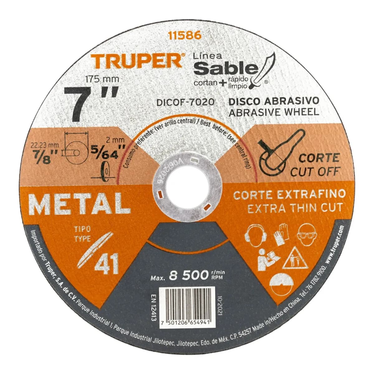 DISCO CORTE METAL 7 X5/64X7/8 TRUPER DICOF-7020 11586 MAX 8600RPM