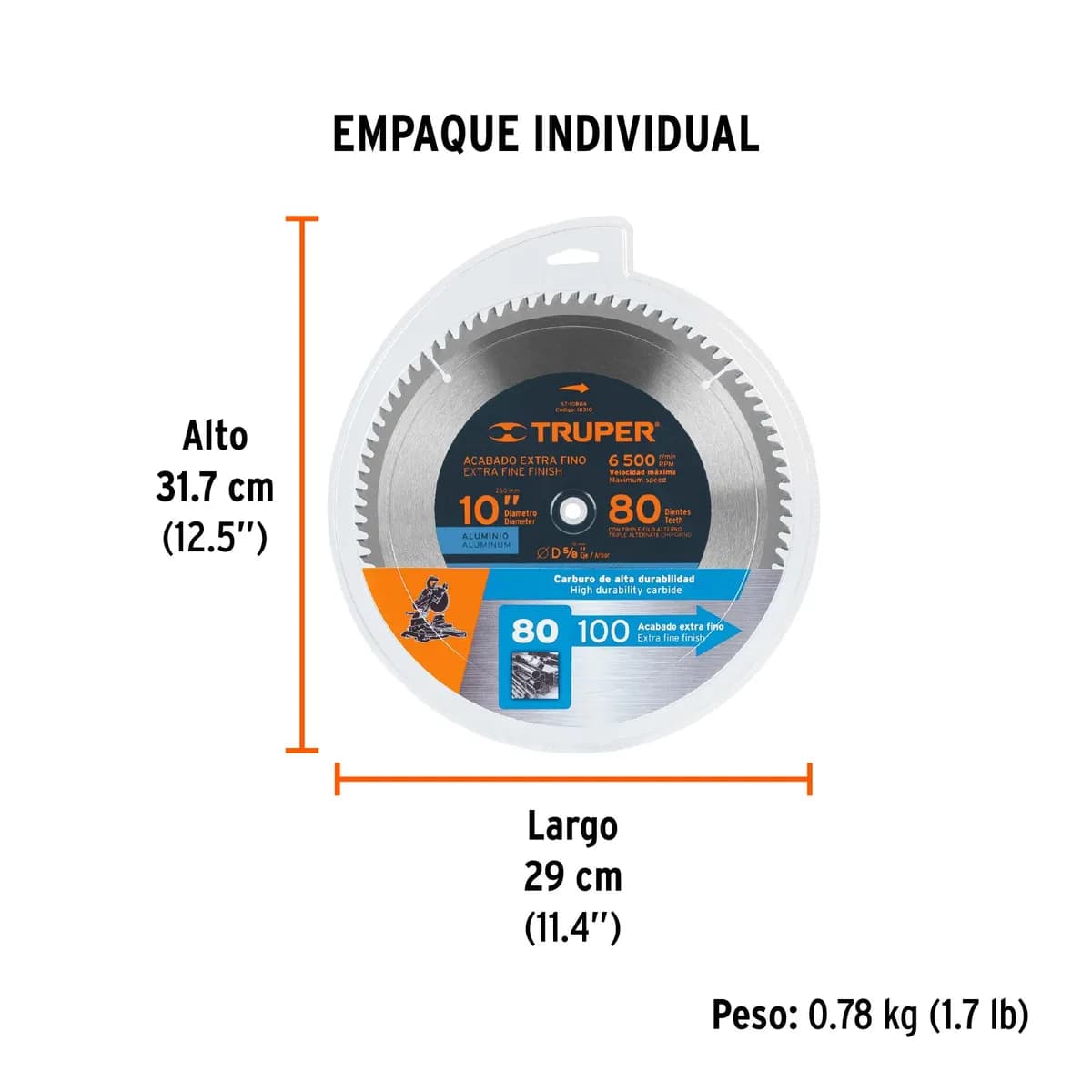 Disco Sierra 10x80dts eje 5/8 P/Aluminio TRUPER st-1080a Circular (Max RPM=6500) 18310
