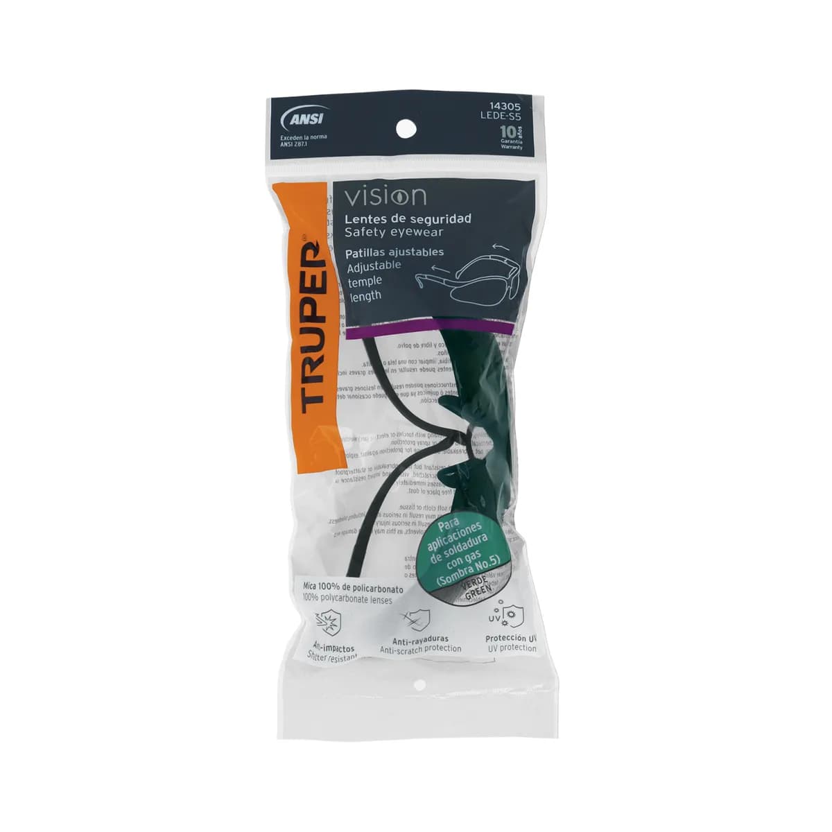 Lente seguridad TRUPER verde lede-s5 14305 soldadura con gas sombra #5