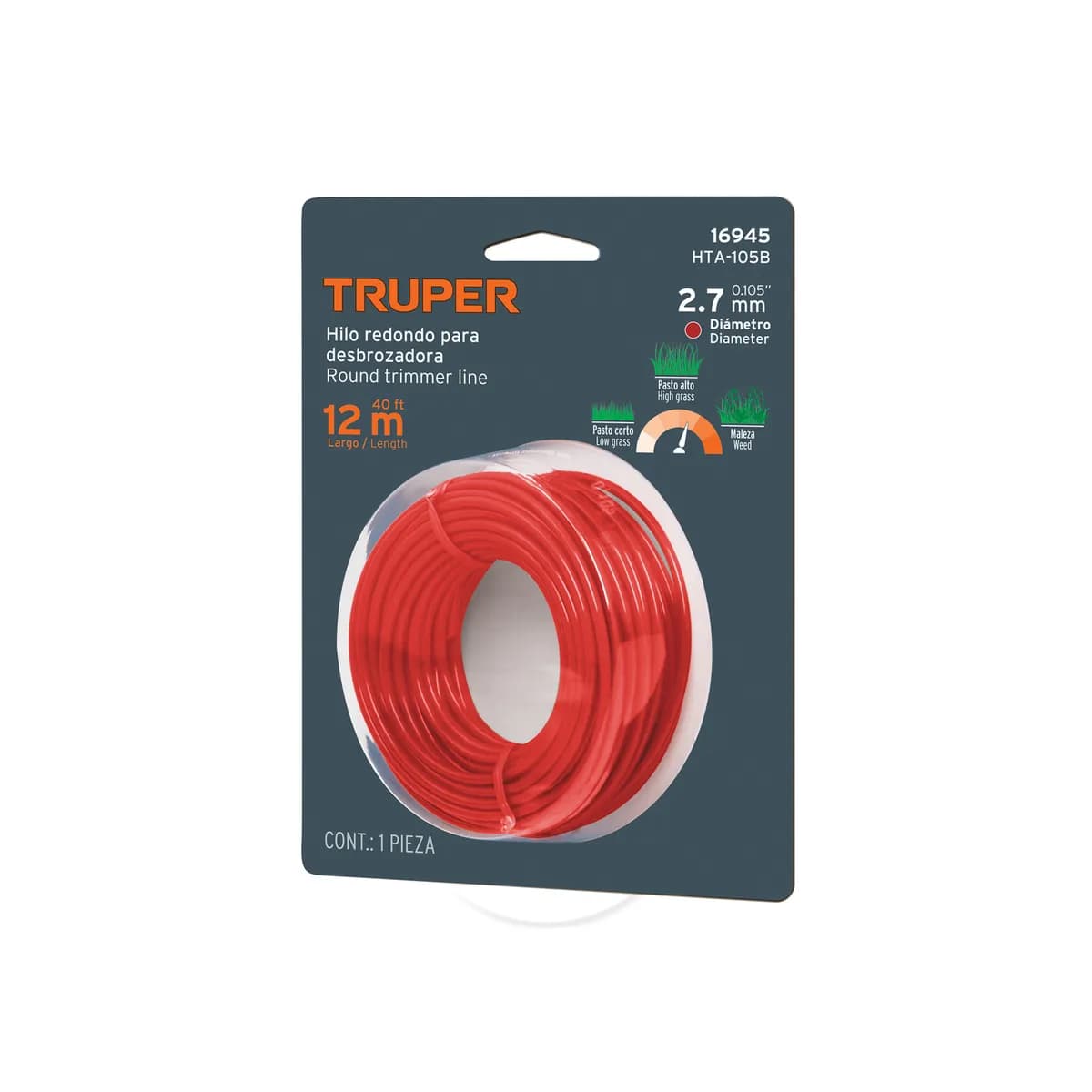 Hilo 2.7mmx12mts Redondo Rojo TRUPER hta-105b 16945 p/podadora cortagrama desbrozadora