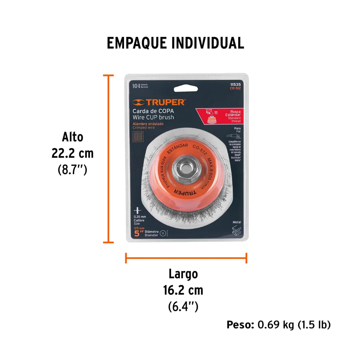 Cepillo Copa 5x5/8 Alambre 0.35mm TRUPER CO-512 11535 6000rpm p/pulidora