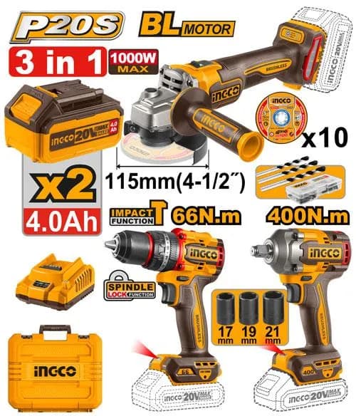 COMBO D/HERRAMIENTAS INALAMBRICAS 3PZA 20V 66N.M/400N.M INGCO UCOSLI241291