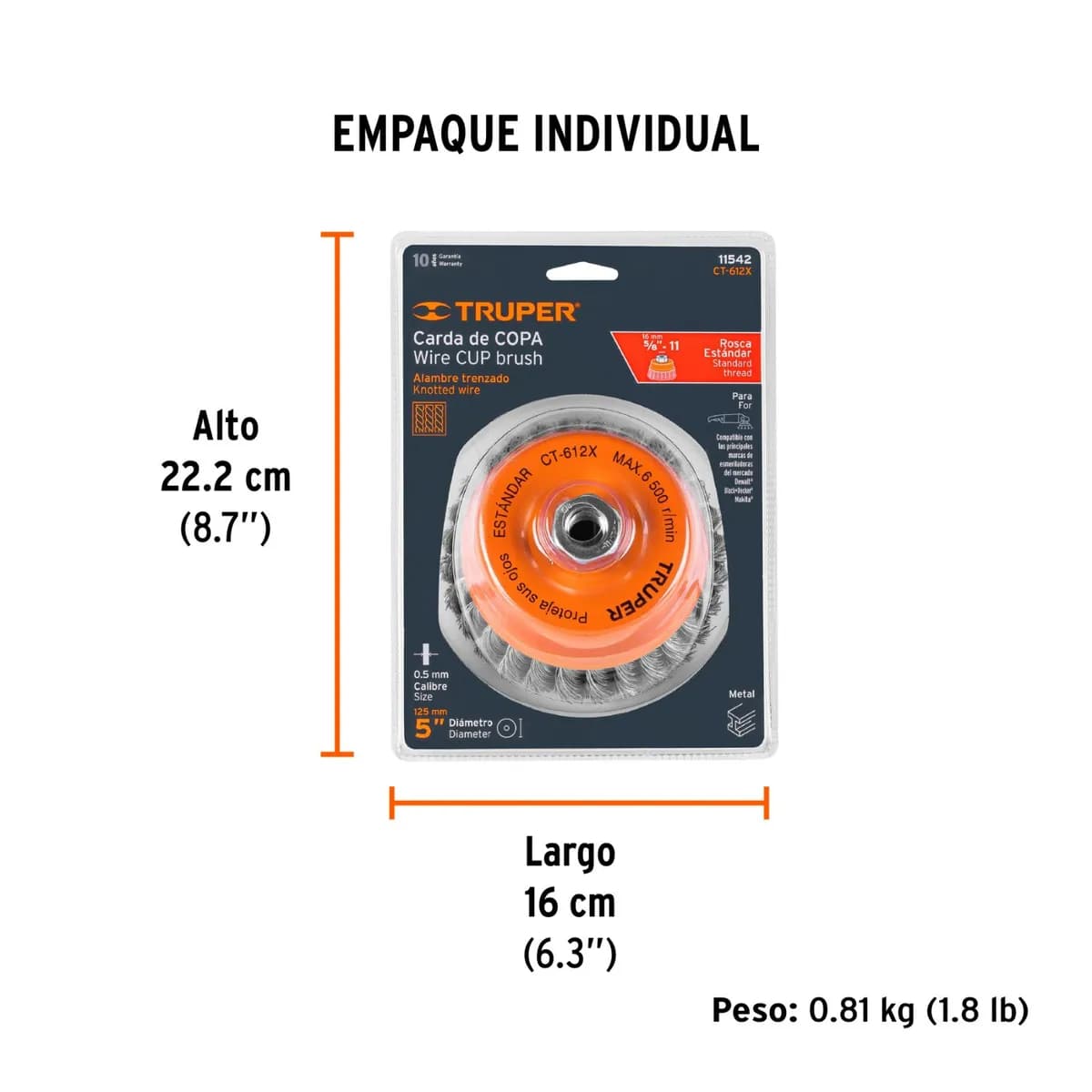 Cepillo Copa 5x5/8 Trenzado Alambre 0.51mm TRUPER CT-612X 11542 6500rpm p/pulidora