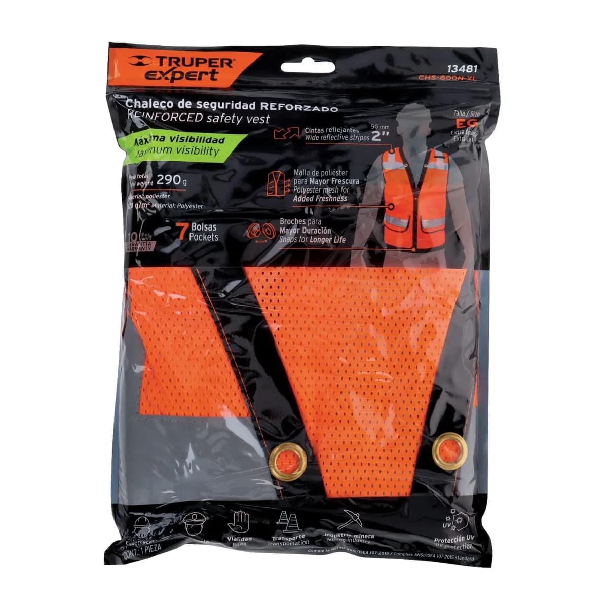 Chaleco XL Naranja Reforzado 7 bolsillos TRUPER CHS-800N-XL 13481 reflectivo seguridad