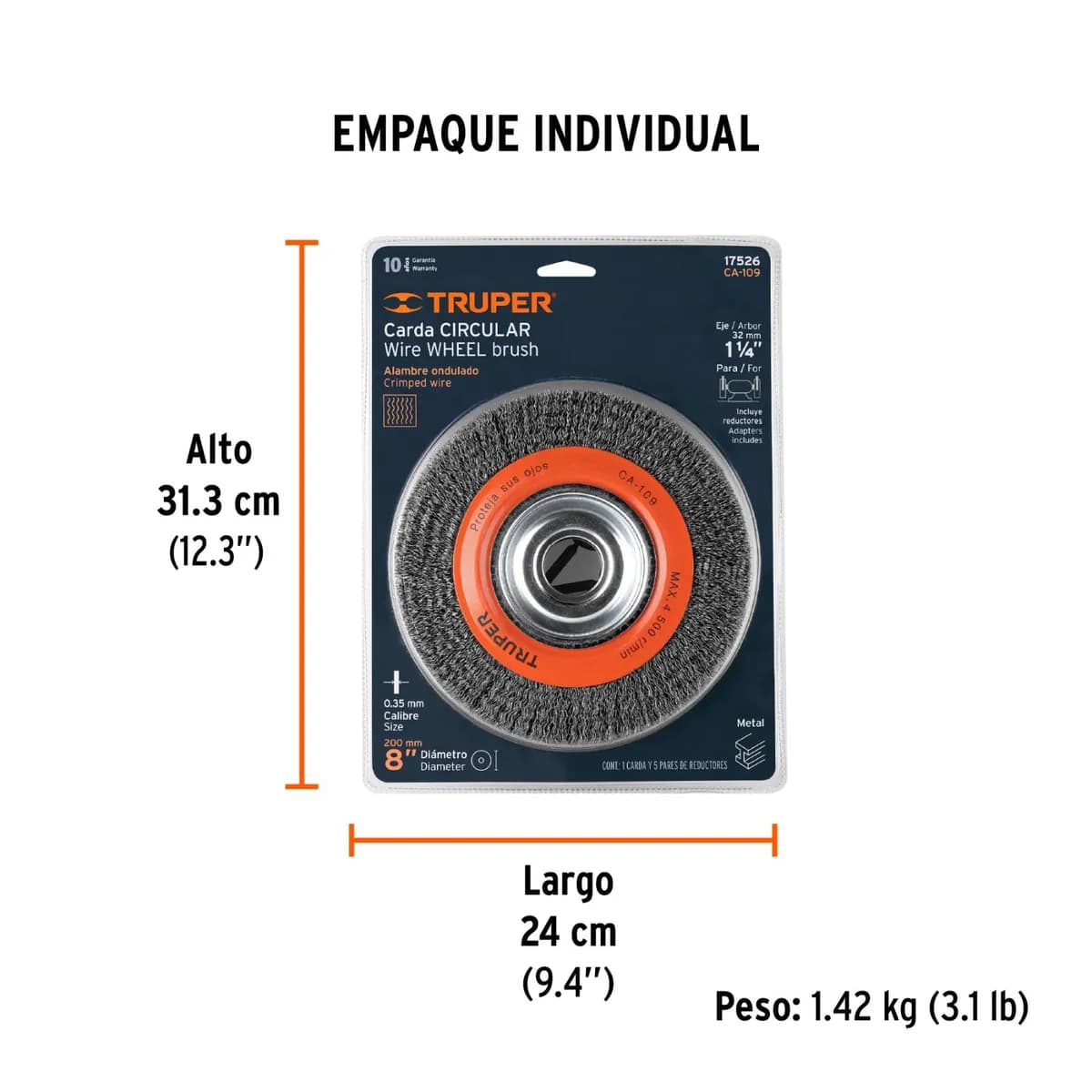 Cepillo Circular 8x1-1/8 ancho c/ eje reductores TRUPER CA-109 17526 carda p/esmeril banco 4500rpm