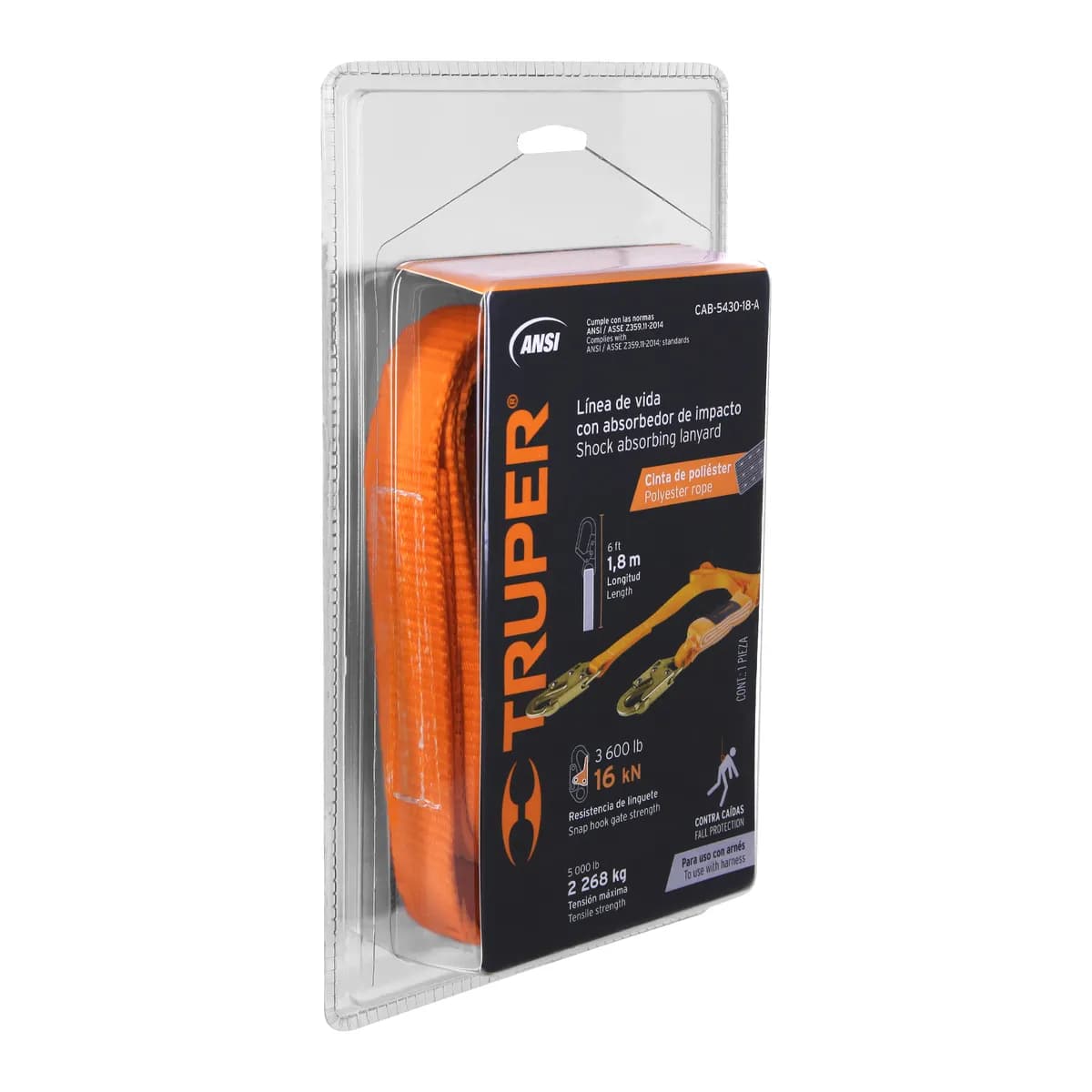 Linea d/Vida 1.8M C/Amortiguador TRUPER CAB-5430-18-A 10510 p/Arnes resistencia 3600lb