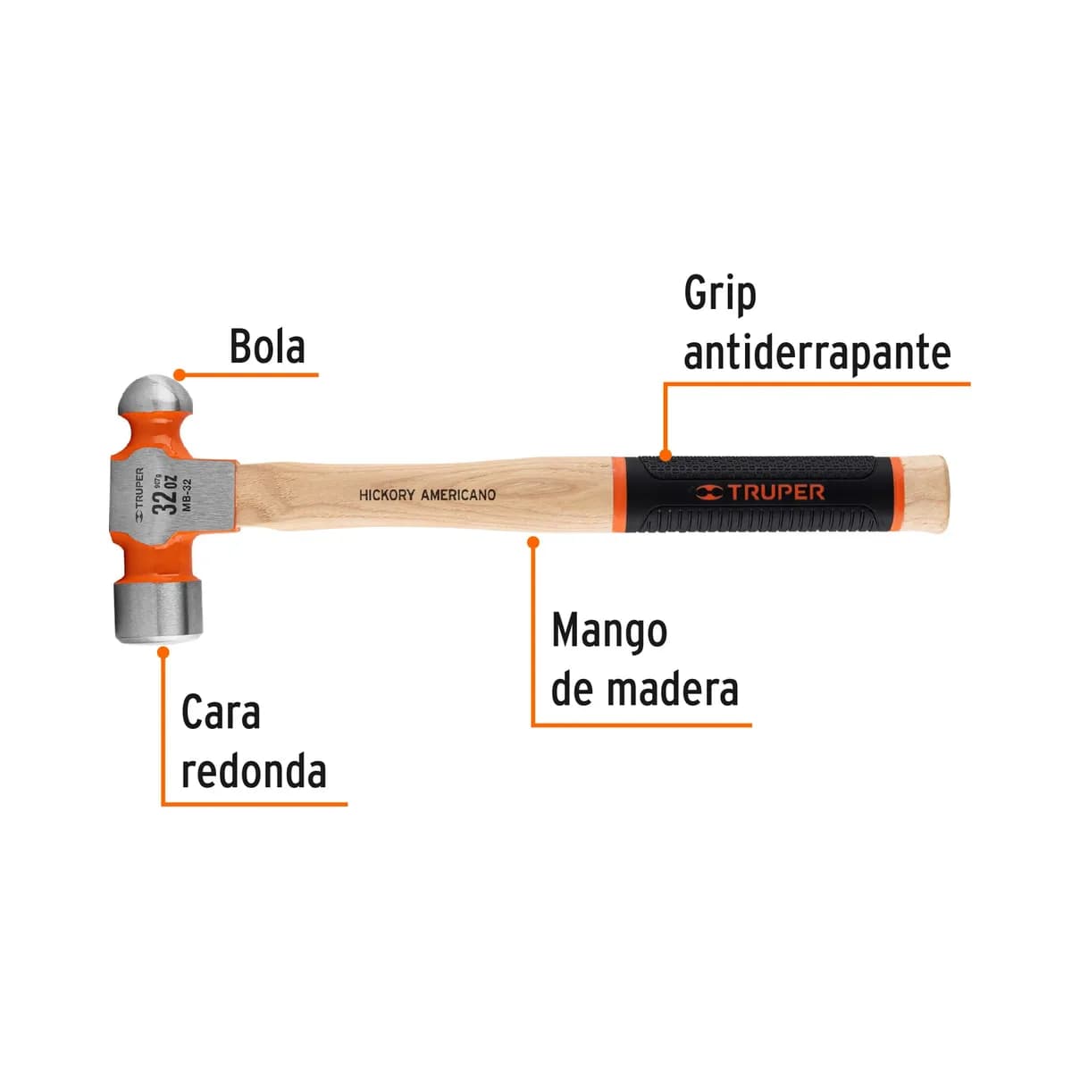 MARTILLO BOLA 32onz (2 LB) TRUPER MB-32 16904 M/MADERA HICKORY AMERICANO