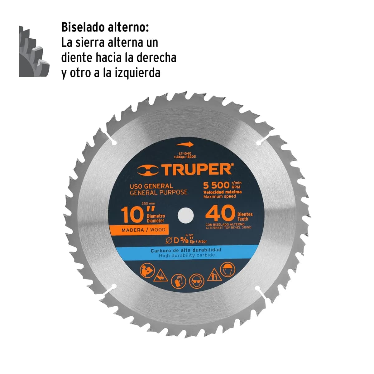 Disco Sierra 10x40dts eje 5/8 P/Madera TRUPER st-1040 18305 Circular (Max RPM=6000)