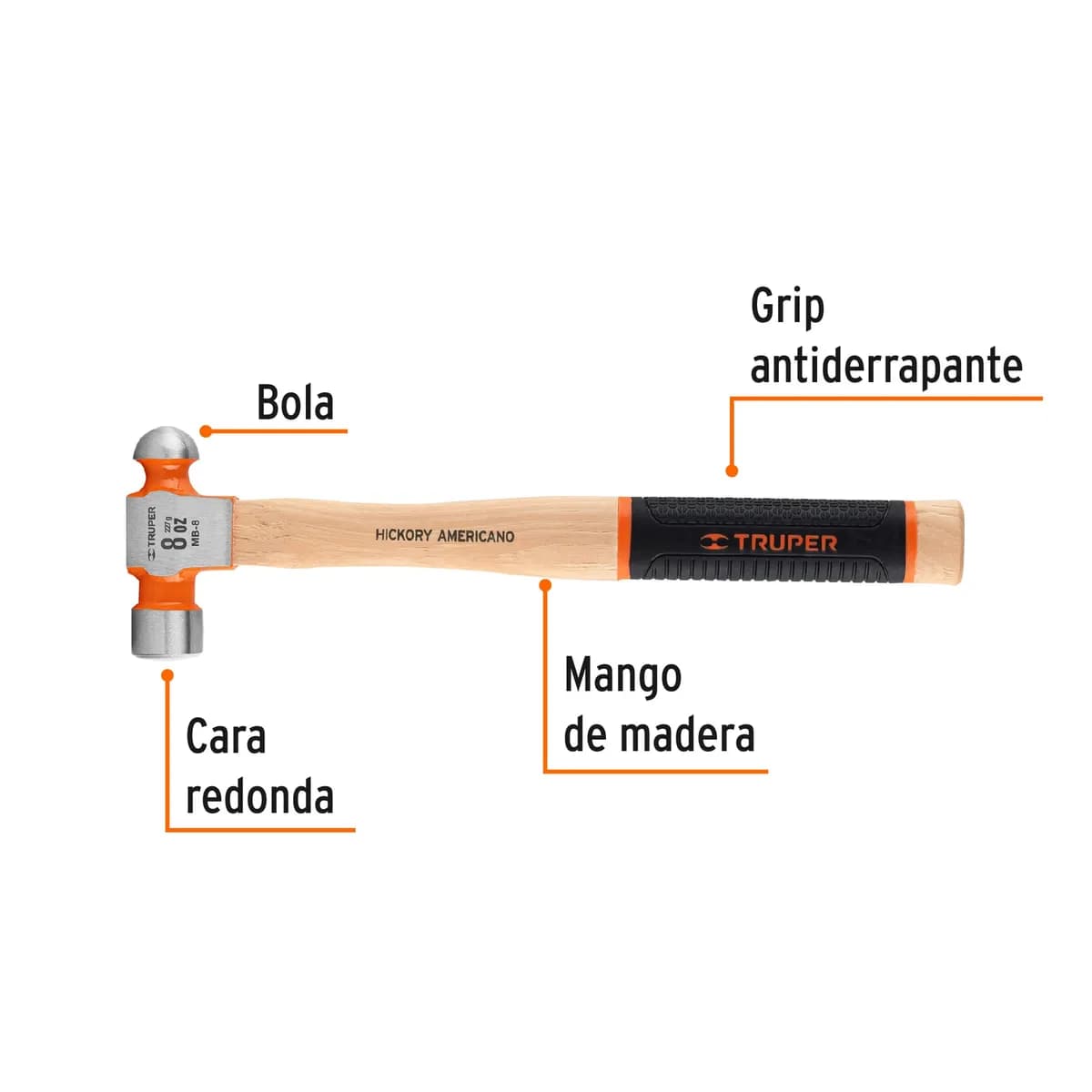 MARTILLO BOLA 8onz (1/2 LB) TRUPER MB-8 16900 M/MADERA Hickory Americano