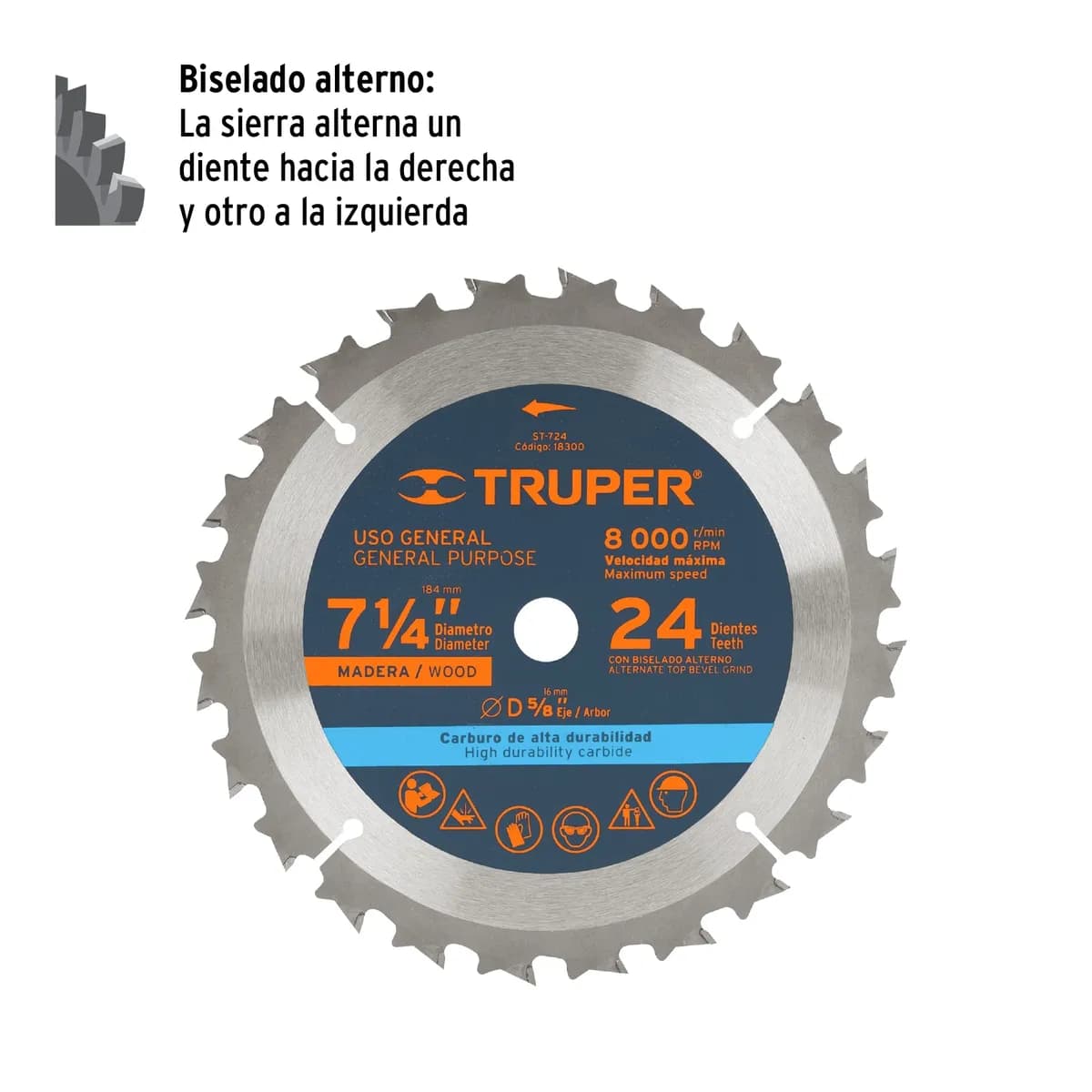 Disco Sierra 7 1/4x24dts eje 5/8 P/Madera TRUPER ST-724 18300 Circular (Max RPM=8000)