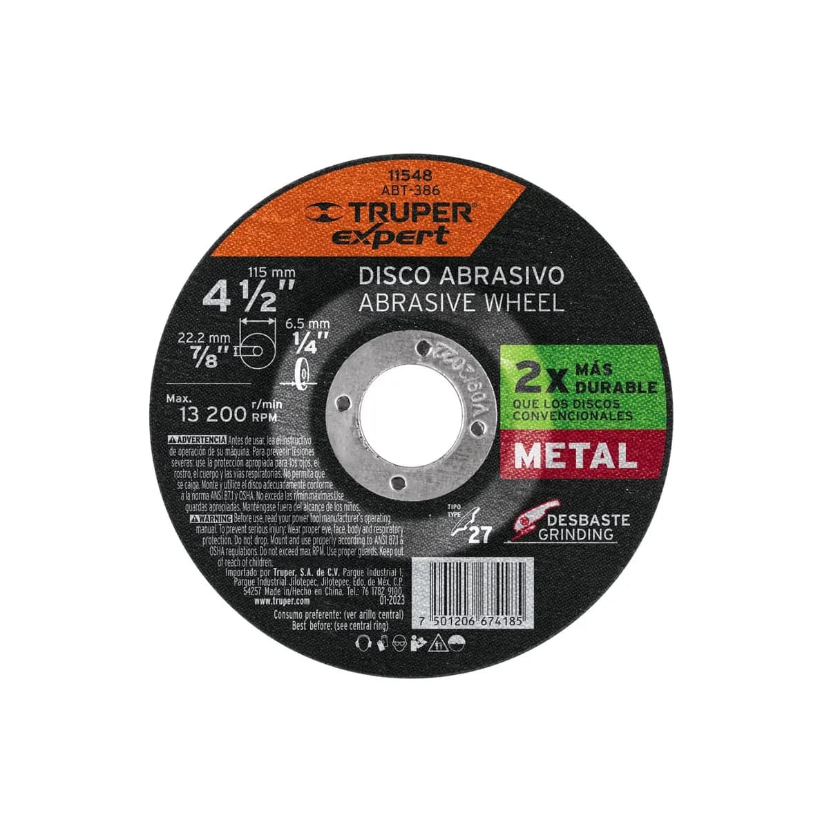 DISCO PULIR Metal 4 1/2x1/4x7/8 TRUPER ABT-386 11548 (Max RPM=13500)