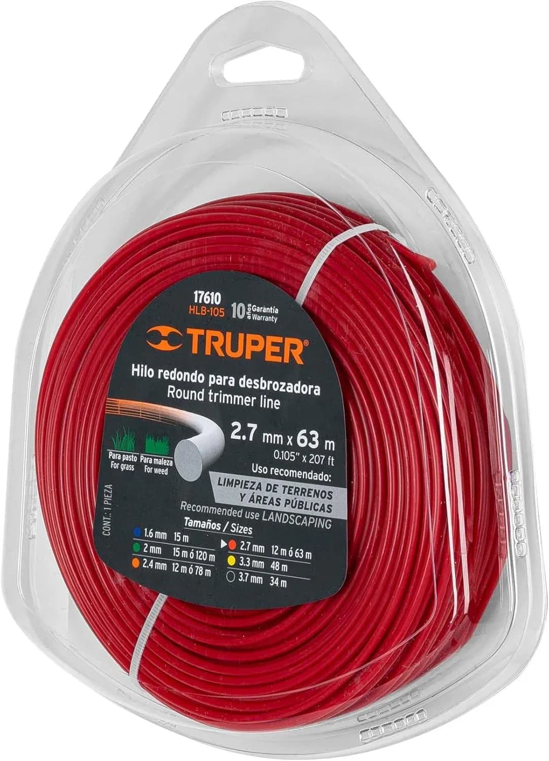 Hilo 2.7mmx63mts Redondo TRUPER HLB-105 17610 p/podadora cortagrama desbrozadora
