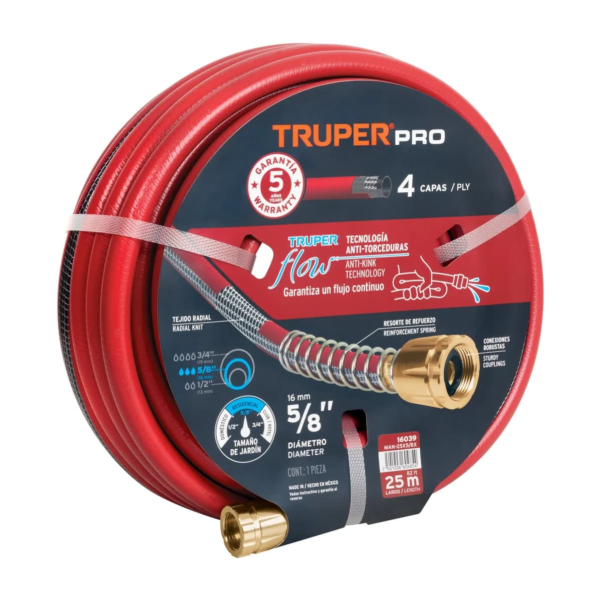 Manguera jardin TRUPER 25MTS X 5/8 4 capa roja 16039 man-25x5/8x