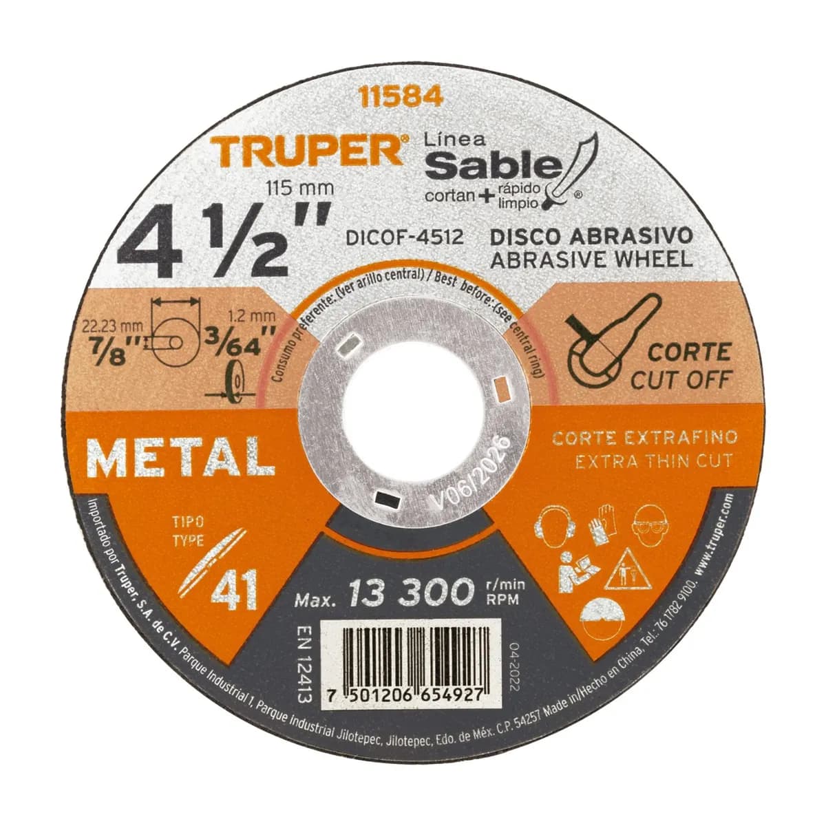 DISCO CORTE METAL 4 1/2X3/64X7/8 TRUPER DICOF-4512 11584 MAX 13200 RPM