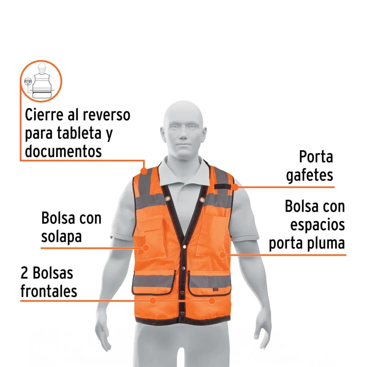 Chaleco L Naranja Reforzado 7 bolsillos TRUPER CHS-800N 13480 reflectivo seguridad