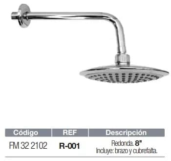 Ducha FERMETAL REDONDA P/BANO 8PULG CROMADA C/BRAZO R-001 Regadera
