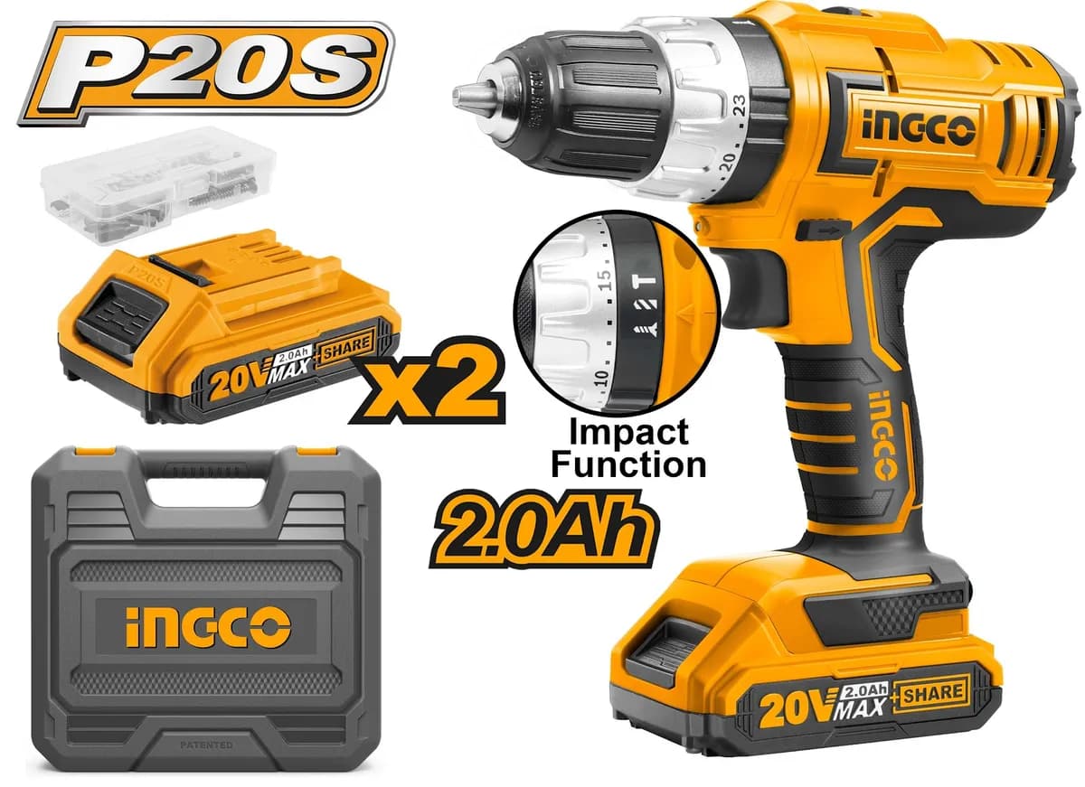 TALADRO INALAMBRICO INGCO 20V 2 BATERIA C/ACCESORIO UCIDLI20031