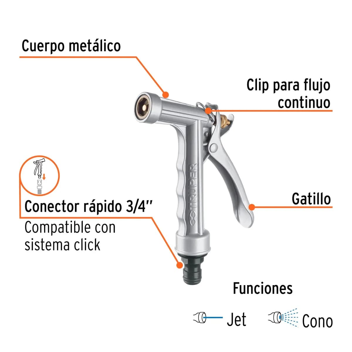 Pistola metal p/Manguera riego 2 tipos TRUPER PR-101 17483