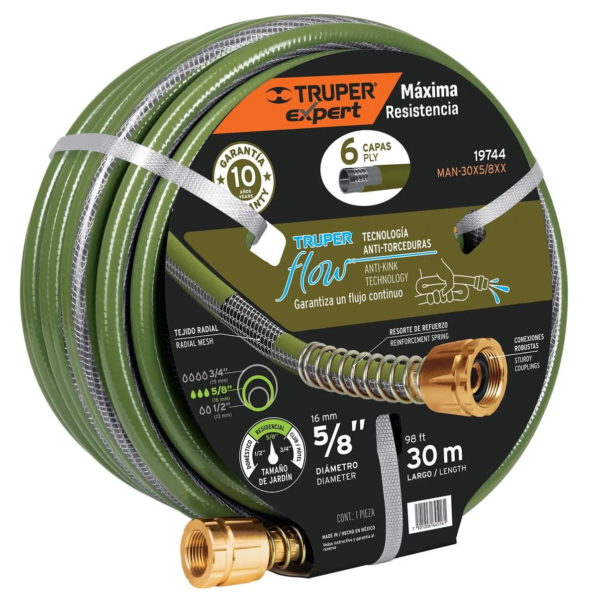 MANGUERA TRUPER JARDIN 5/8X30MTS 6 CAPA VERDE 19744 7506240666110