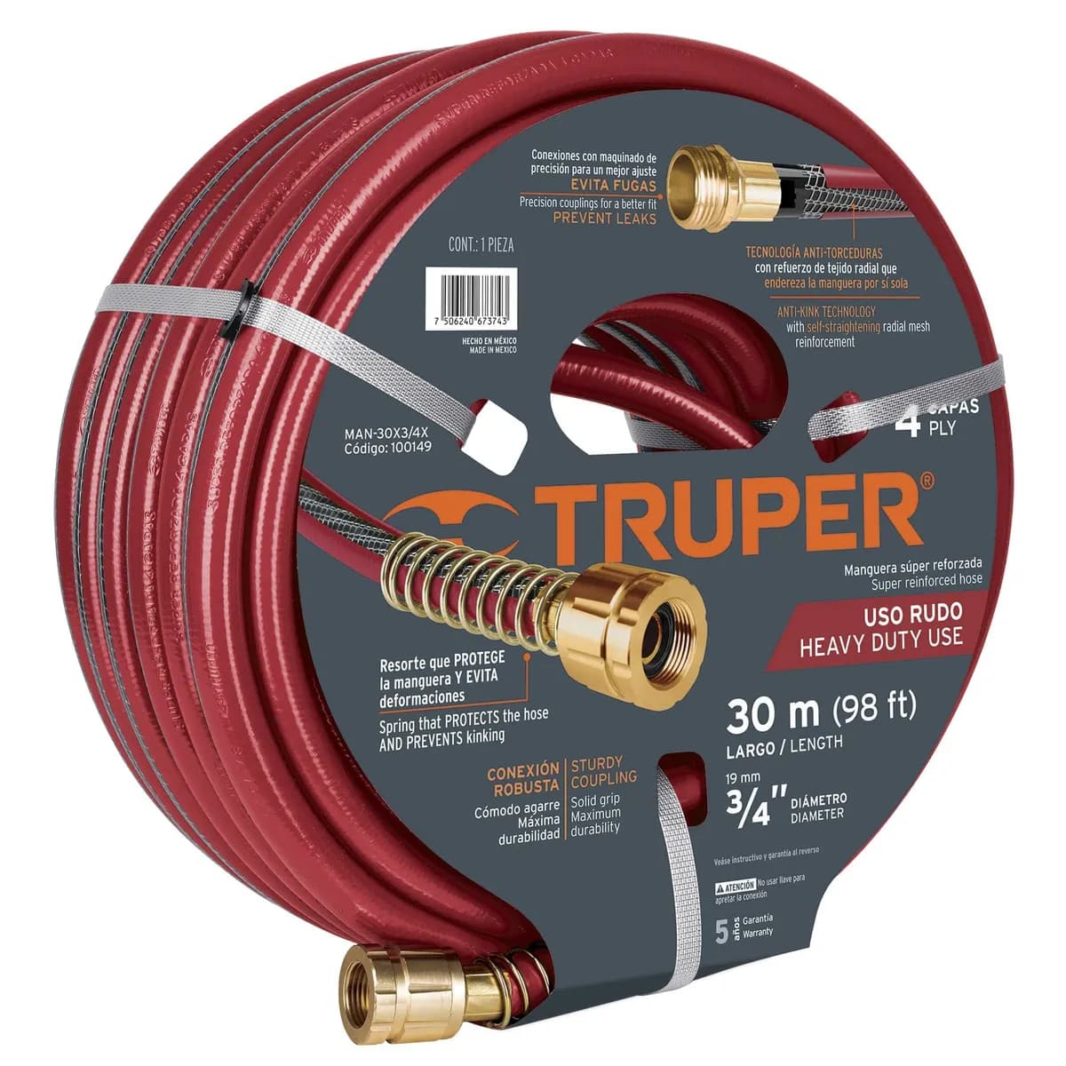 MANGUERA TRUPER 3/4x30MTS 4 CAPA roja uso rudo jardin club hotel 100149